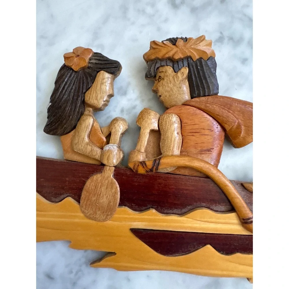 Aloha Wood Art Paul Le Hawaiian Outrigger Canoe Couple Intarsia Wall Plaque 11.5